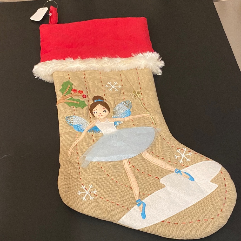 Pottery Barn Kids Ballerina w/Blue Tutu Skirt Xmas Stocking w/White Fur Trim NWT
